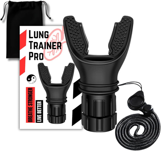 Lung Trainer Pro, Resistance Breathing Exerciser, Adjustable Respiratory Training Device for Athletes & Fitness, Portable & Easy to Clean with Neck Strap & Carry Pouch - Carbon Black