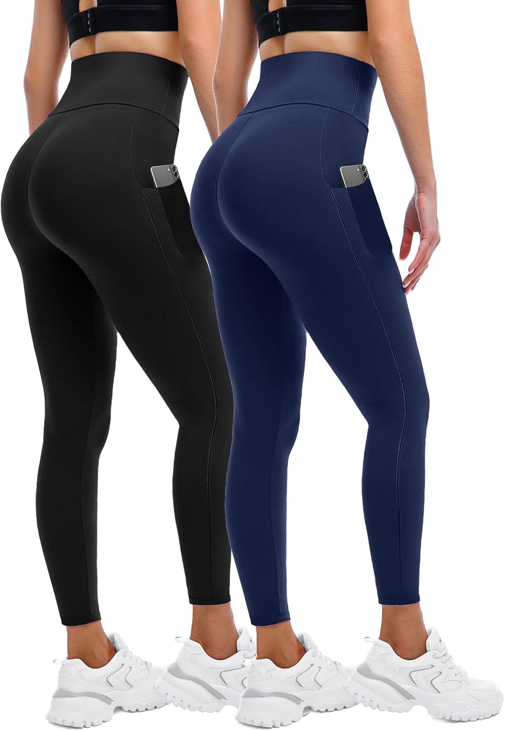 Women's High-Waisted Leggings with Pockets - 2 Pack for Gym, Running, and Yoga