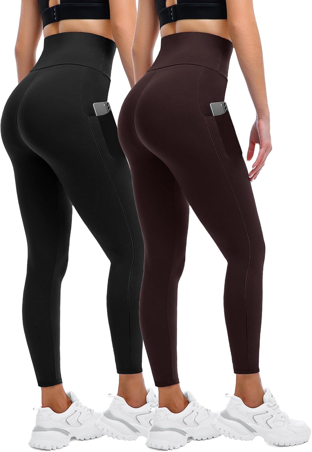 Women's High-Waisted Leggings with Pockets - 2 Pack for Gym, Running, and Yoga
