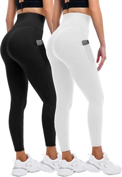 Women's High-Waisted Leggings with Pockets - 2 Pack for Gym, Running, and Yoga