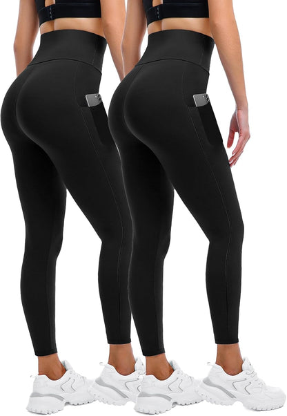 Women's High-Waisted Leggings with Pockets - 2 Pack for Gym, Running, and Yoga