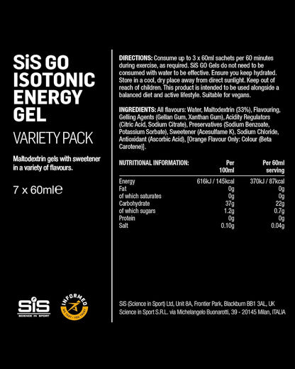 GO Isotonic Energy Gels, Running Gels with 22G Carbohydrates, Low Sugar, Variety Pack of Assorted Flavours, 60Ml per Serving (7 Pack)