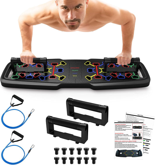 20 in 1 Press up Board with Resistance Bands，Different Color-Coded Pushups Board Target Specific Muscle Exercise (Blue for Chest/Red for Shoulders/Yellow for Back/Green for Triceps).
