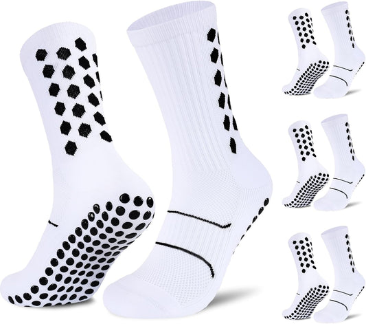 Football Grip Socks for Men Women, 3 Pairs Non Slip Cushioned anti Blister Seamless Toe Sports Socks for Football Basketball Tennis Cricket Rugby Yoga Running Hiking, Black White Blue