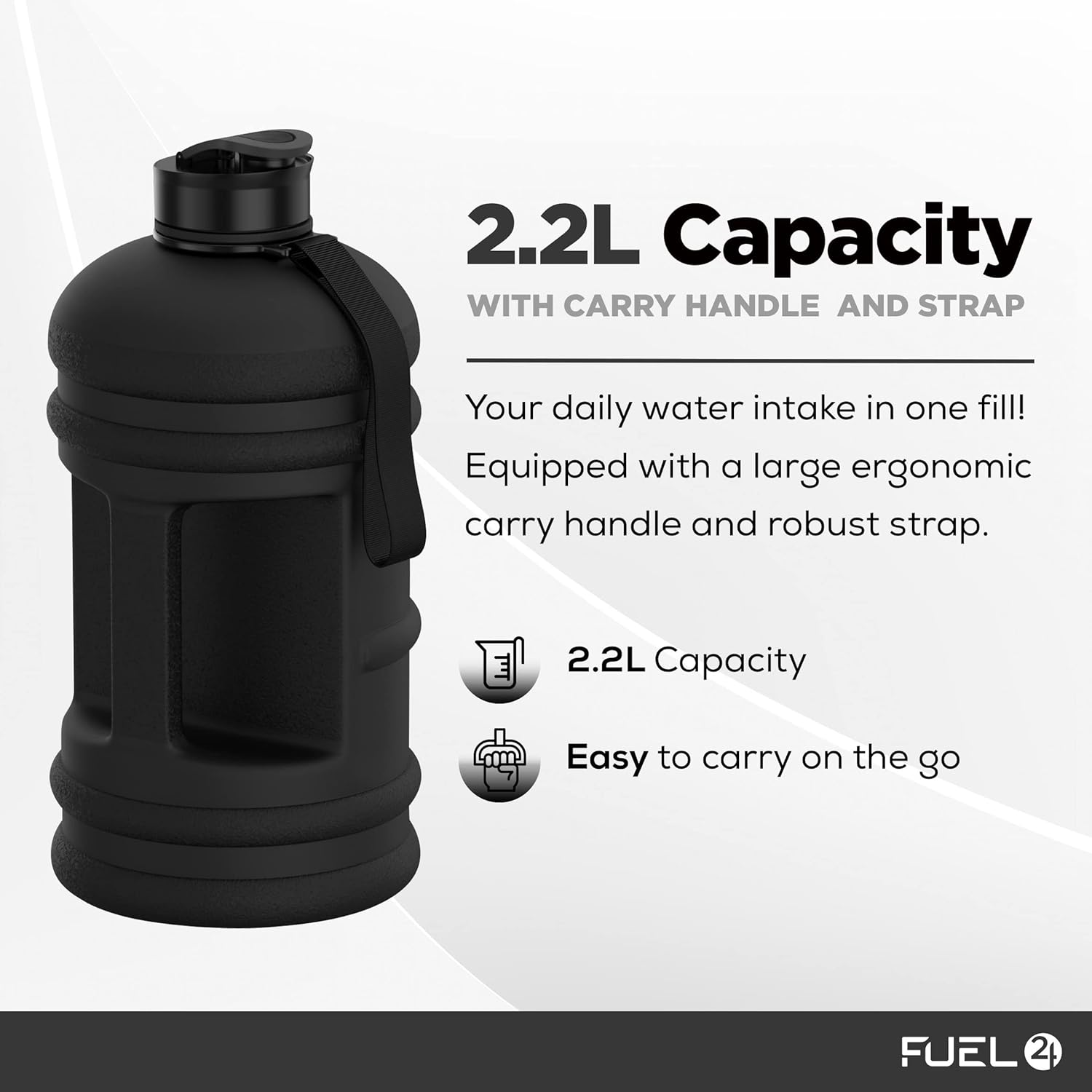 Jug - 2.2 Litre Water Bottle - Extra Strong Flex Material (Plastic) - Drop Proof, Pop or Straw Cap Options - 2.2L Large Gym Sports Bottle, BPA FREE