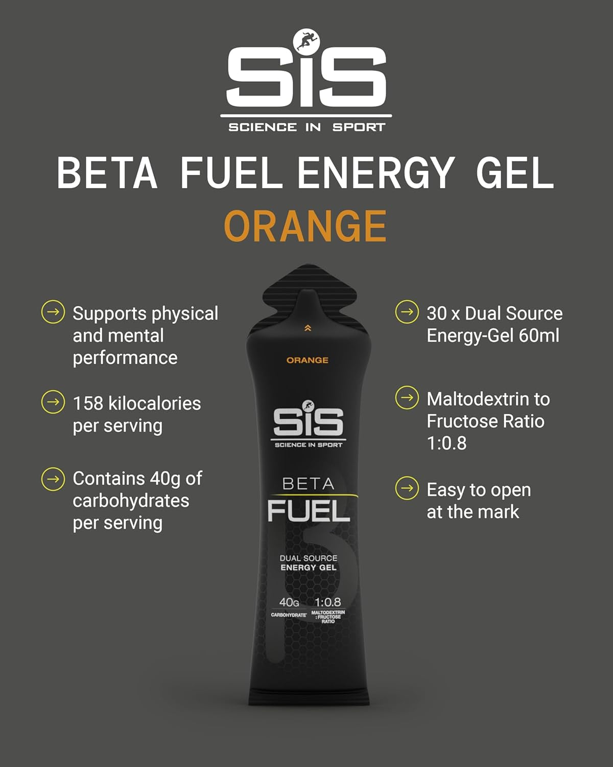 Beta Fuel Gels Dual Source Energy Gel, Orange Flavour, 40G of Carbs per Pack, 60 Ml Pack (30 Pack)