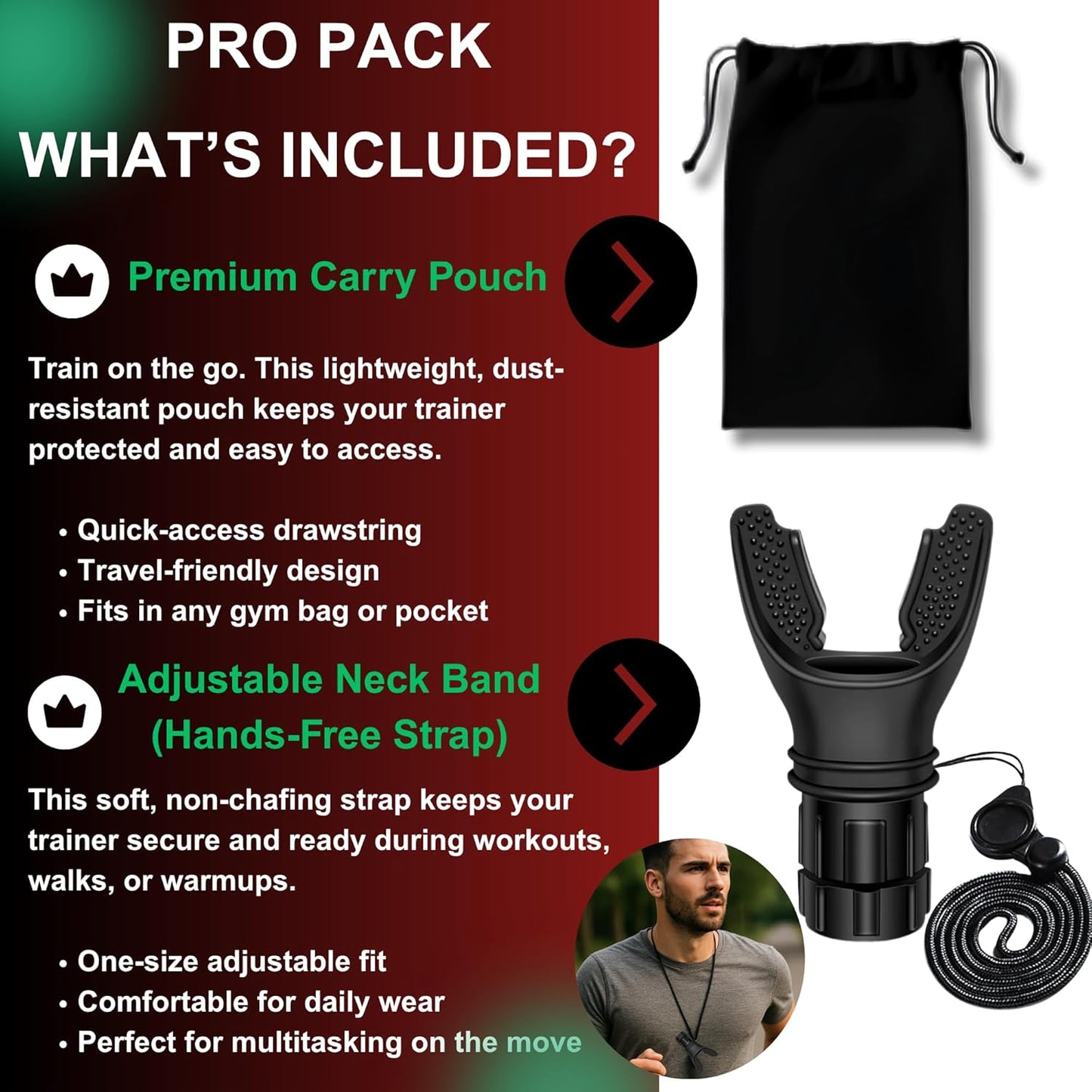 Lung Trainer Pro, Resistance Breathing Exerciser, Adjustable Respiratory Training Device for Athletes & Fitness, Portable & Easy to Clean with Neck Strap & Carry Pouch - Carbon Black