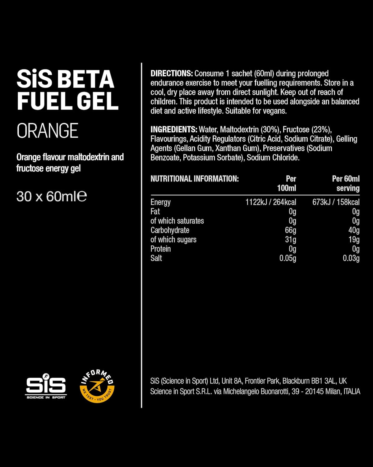 Beta Fuel Gels Dual Source Energy Gel, Orange Flavour, 40G of Carbs per Pack, 60 Ml Pack (30 Pack)