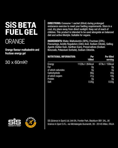 Beta Fuel Gels Dual Source Energy Gel, Orange Flavour, 40G of Carbs per Pack, 60 Ml Pack (30 Pack)