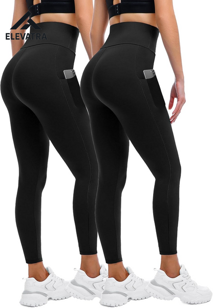 Women's High-Waisted Leggings with Pockets - 2 Pack for Gym, Running, and Yoga